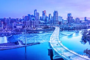 Stylized photo of Minneapolis, Minnesota skyline.